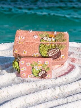 T.J.Maxx Pink Beaded Coconut Embroidered Shoulder Bag Set